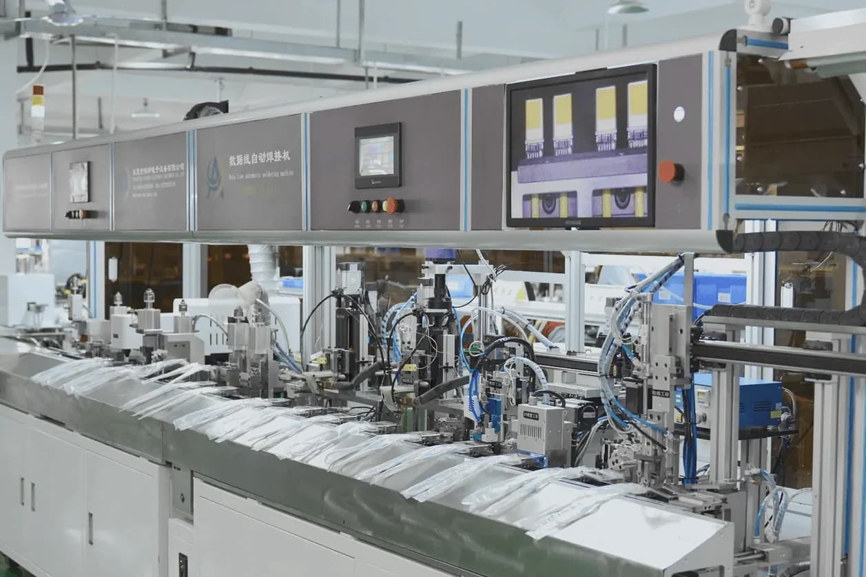 Automated cable assembly line: a row of linked machines with control panels