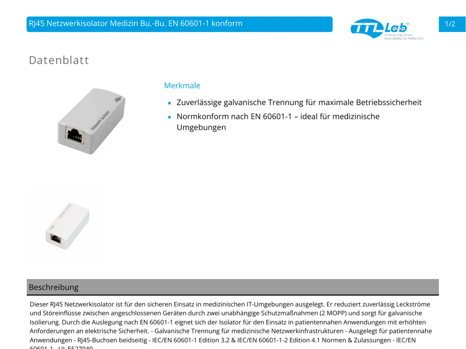First page of the PDF sales data sheet for the RJ45 network isolator for medical use