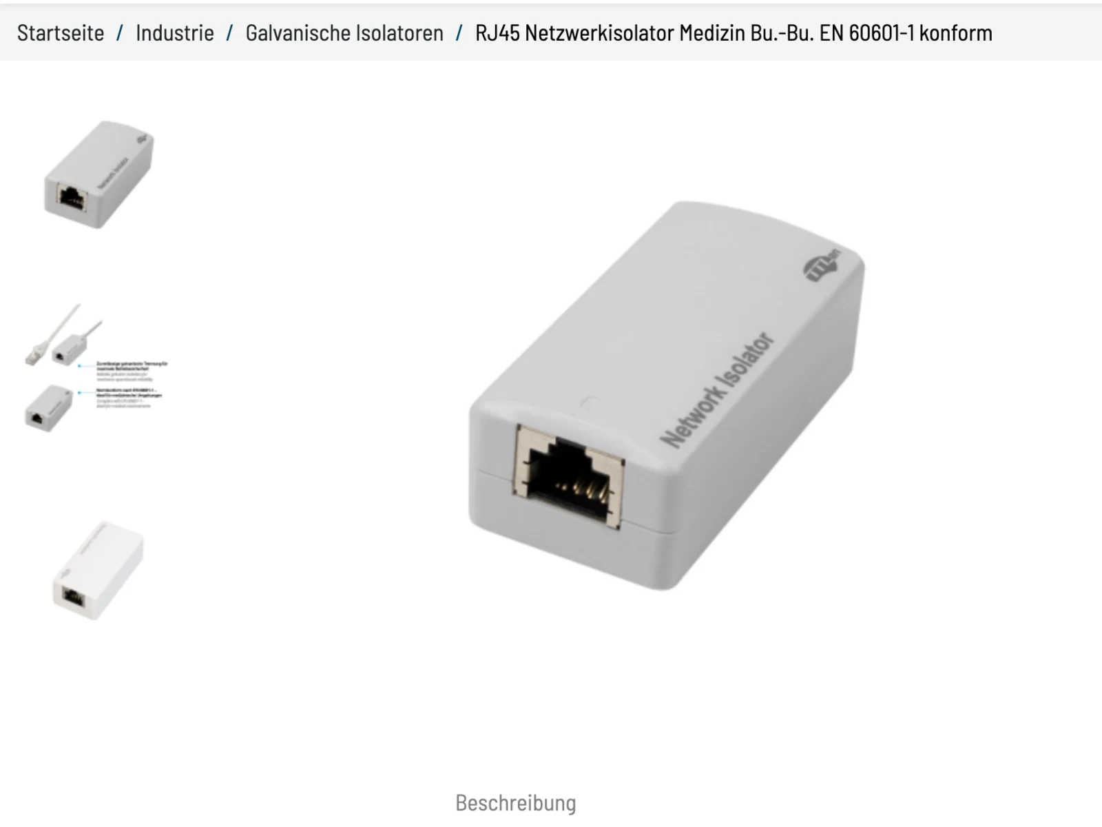 TTL Network online shop: product page with image gallery of the RJ45 network isolator for medical use
