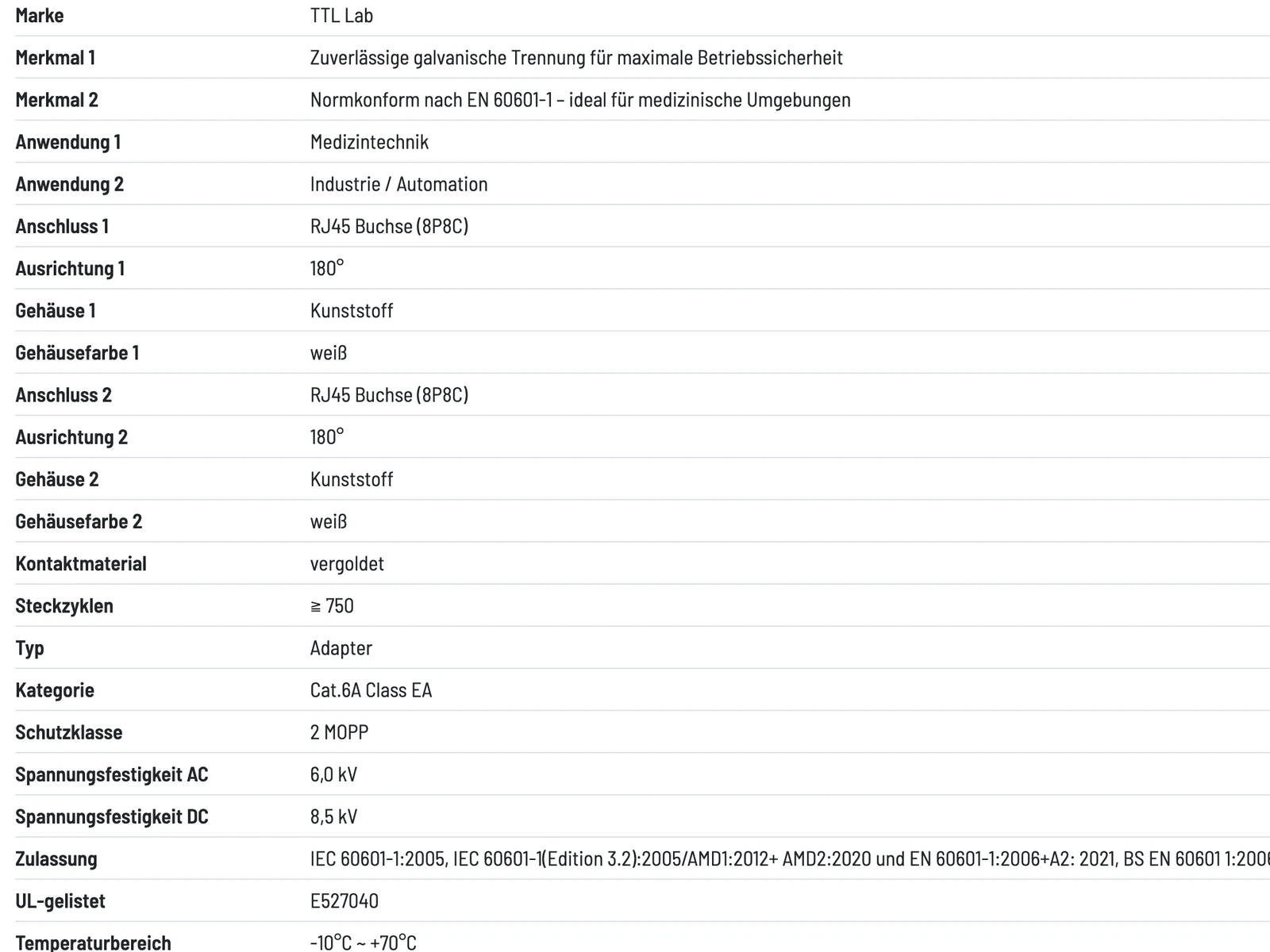 TTL Network online shop: the item's technical characteristics as a structured table