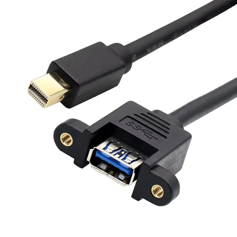 Mini DisplayPort plug and USB 3.0 panel-mount socket on a hybrid cable