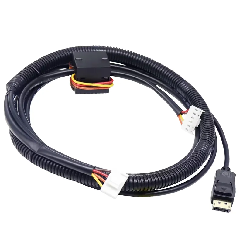 DisplayPort plug on a cable in corrugated conduit with ferrite, splitting into two pin header connectors