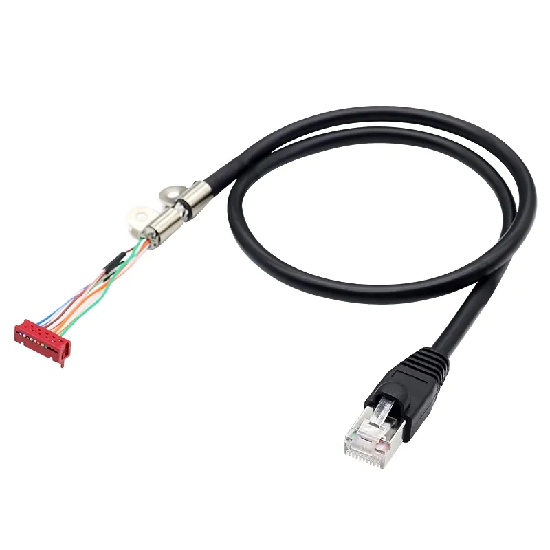 Black cable with RJ50 plug and red board connector, earthing clamp at the cable end
