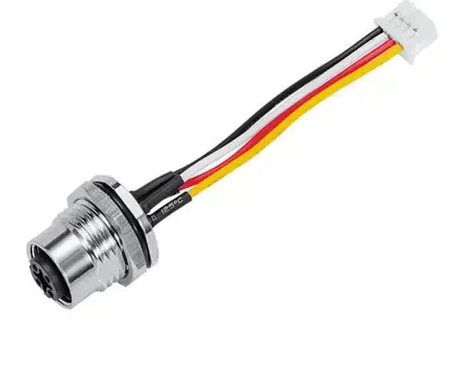 M8 panel-mount socket with four colour-coded single cores and connector housing