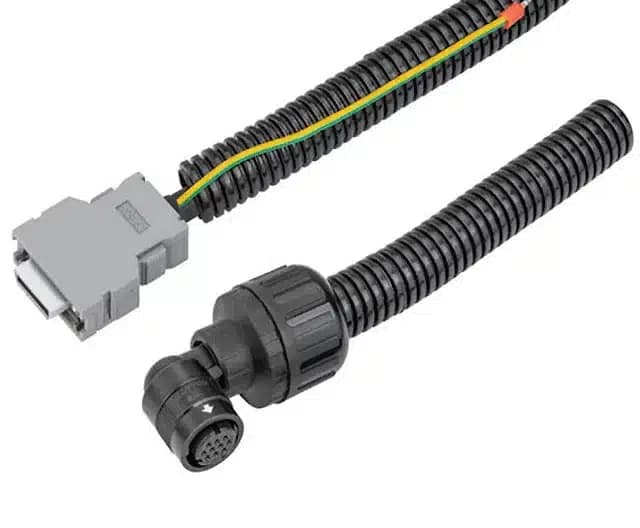Control cable in corrugated conduit with device connector and angled M16 socket