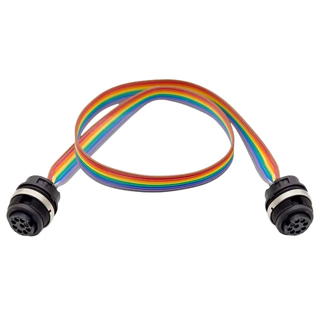 Colour-coded ribbon cable between two multi-pin panel-mount sockets