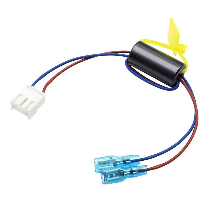 Two-core cable with JST receptacle housing, ferrite, identification tag and two blue flat receptacles