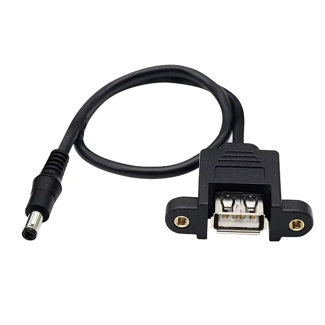 Leitung mit Hohlstecker und USB-A-Einbaubuchse mit Schraublöchern