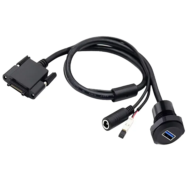 Branched cable with multi-pin connector, DC socket, Dupont connector and USB-A socket in a threaded housing