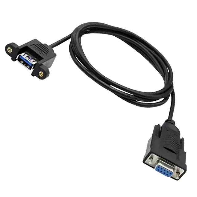 Coiled cable with USB-A panel-mount socket and D-Sub 9 socket
