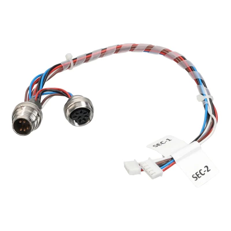 Cable harness with M16 and M12 panel-mount connectors, labelled cables and two pin header connectors