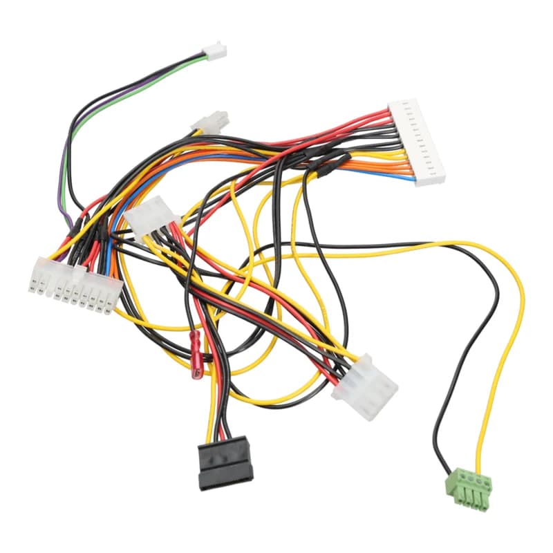 Colour-coded cable harness with several power connectors, ribbon cable connector and green screw terminal block