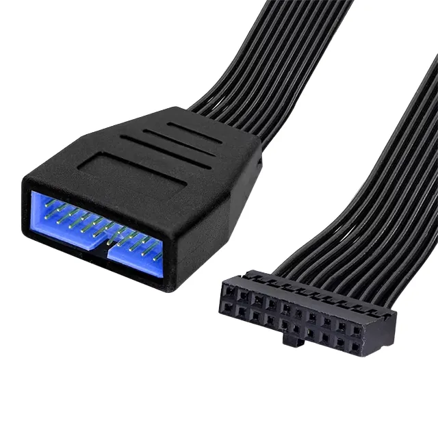 Black ribbon cable with overmoulded pin header plug and blue contacts
