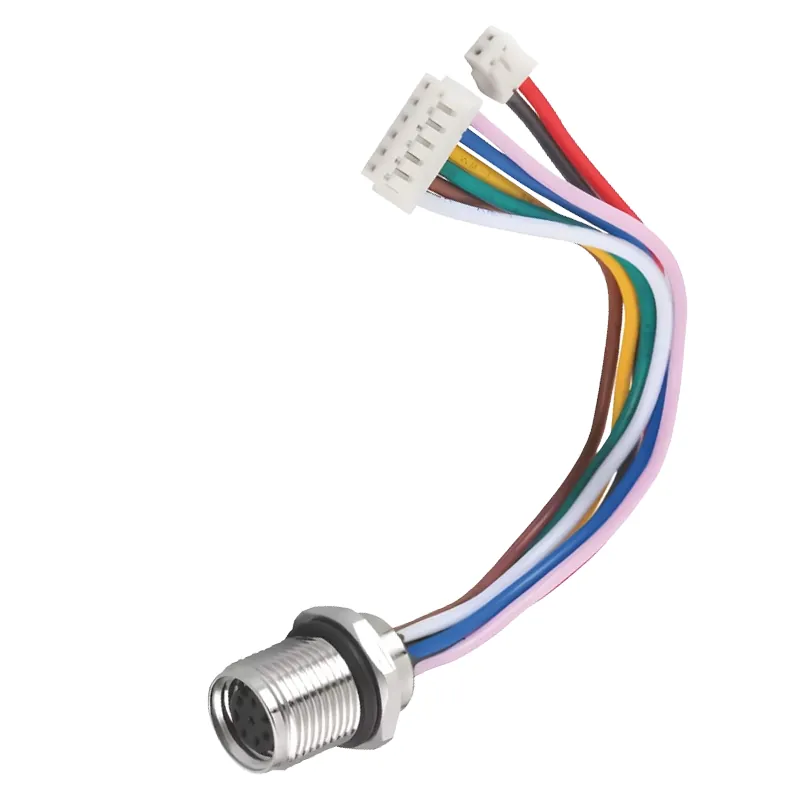 M8 panel-mount socket with colour-coded single cores to two JST connector housings