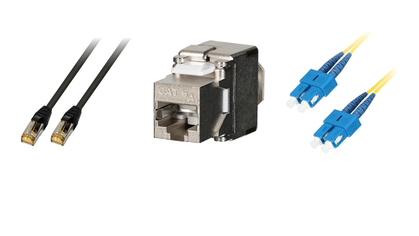 TTL Lan® products: Cat.6A patch cable, screened keystone module and fibre-optic patch cable