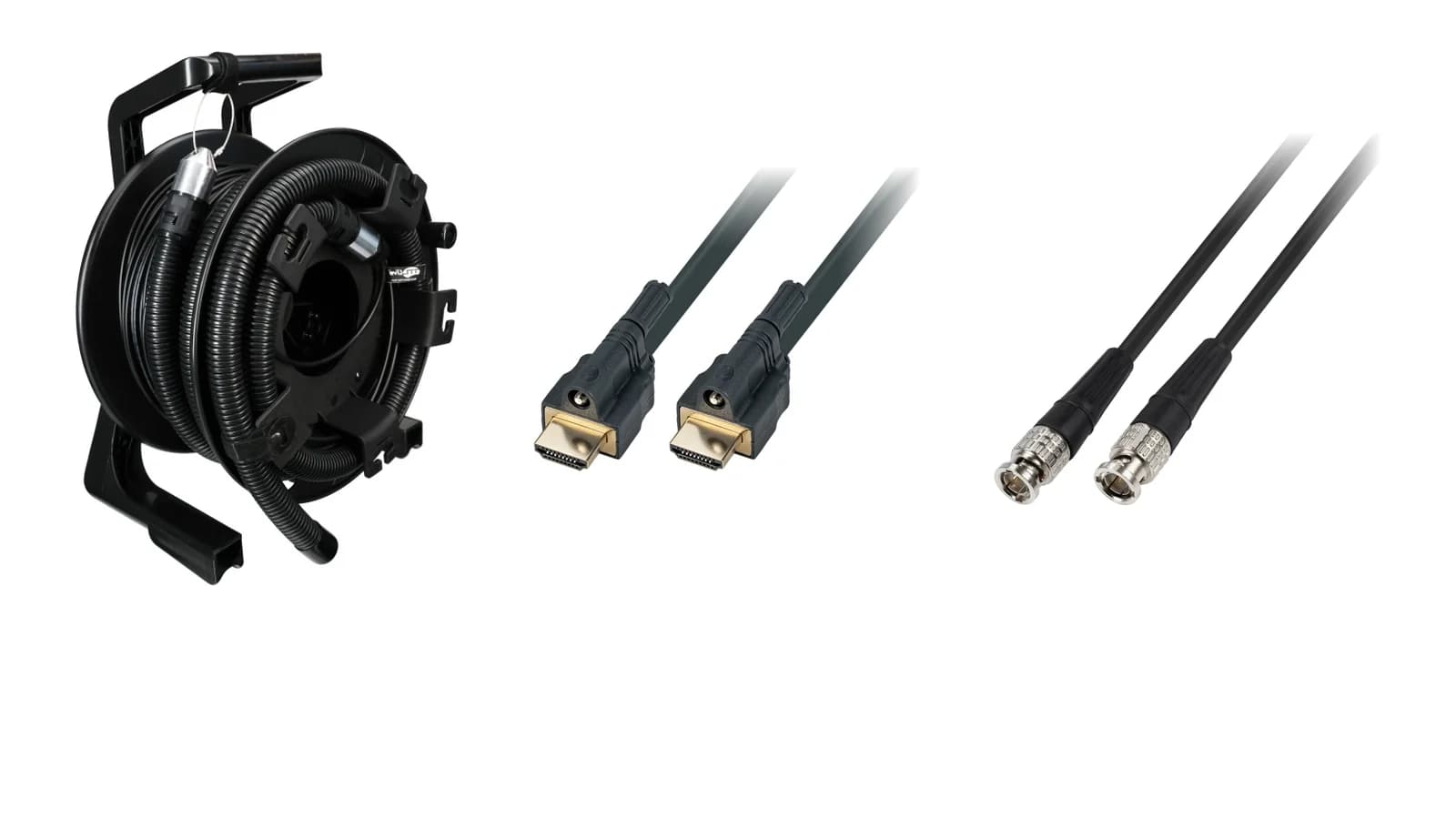 TTL Live® products: fibre-optic mobile cable on a cable drum, locking HDMI cable and 12G-SDI video cable