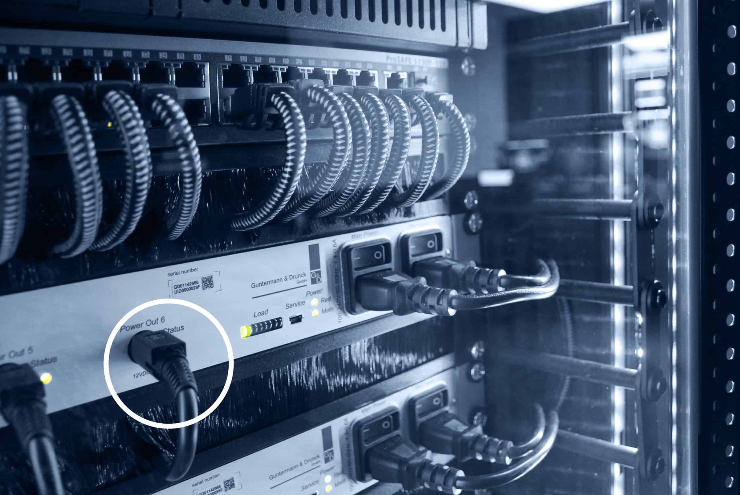 G&D KVM devices in a rack with connected power cable