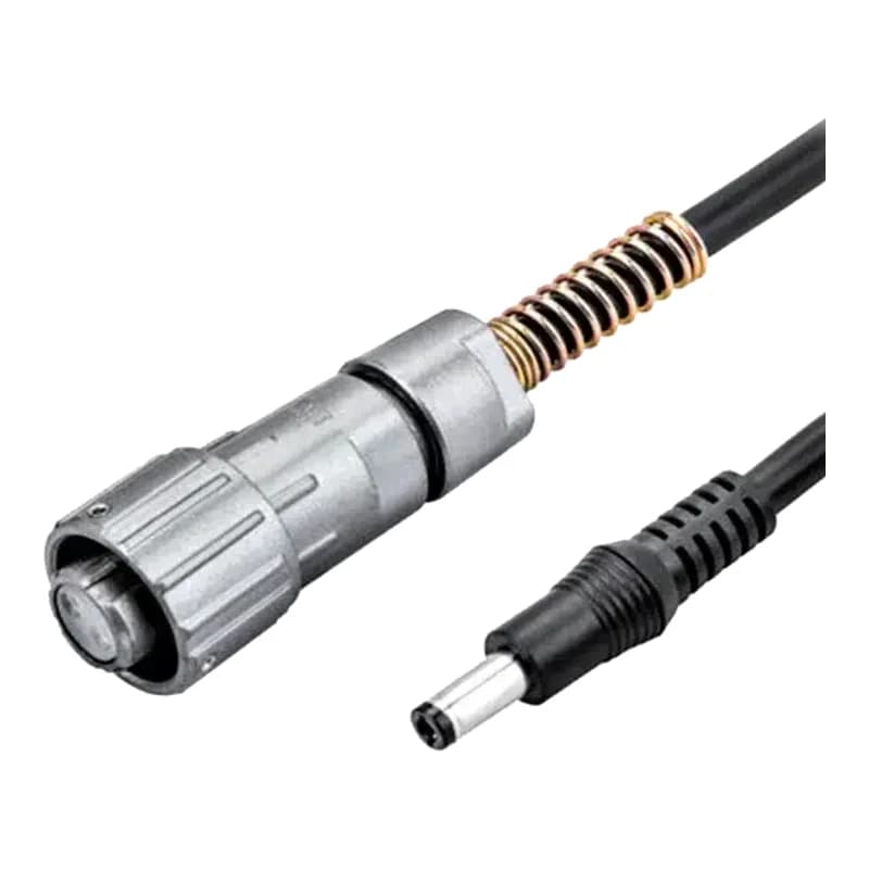 Cable with DC barrel plug and screw-locking circular connector