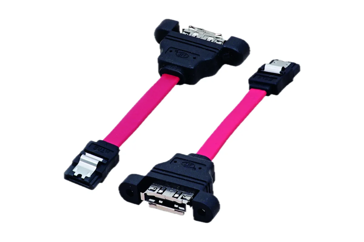 Two pink SATA cables with a screw-mounted panel socket and a locking plug