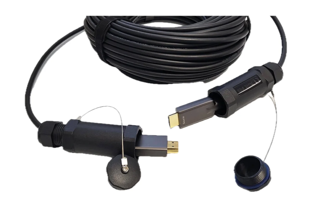 Steel-armoured HDMI-A AOC cable with IP68 protective sleeves for satis&fy
