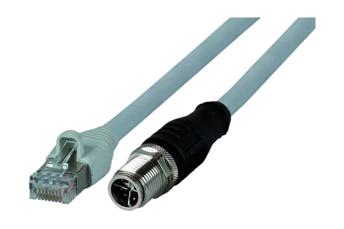 Grey data cables with RJ45 plug and M12 plug