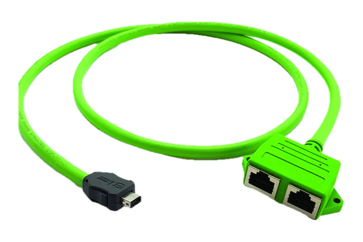 Green cable with miniature plug ending in a housing with two RJ45 sockets