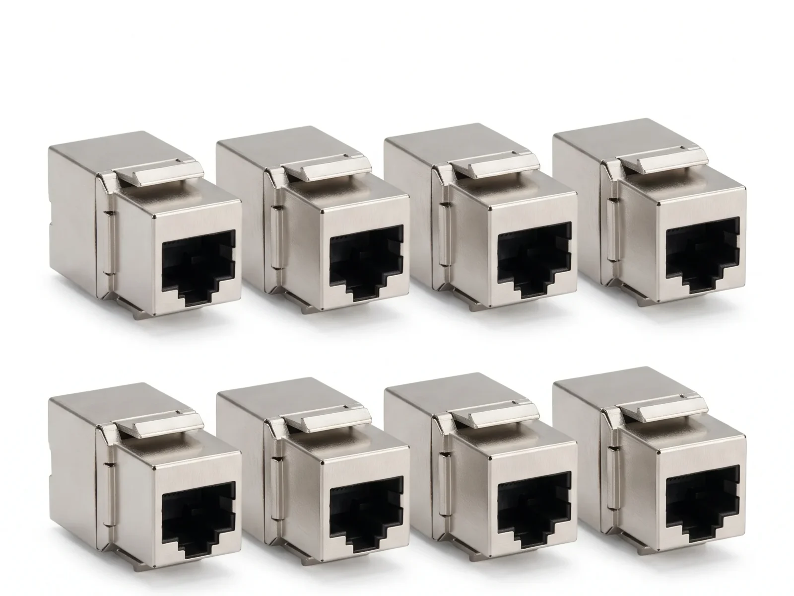 Eight screened RJ45 keystone modules in two rows