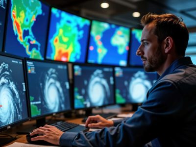 Meteorologist tracks hurricane intensity. National weather service office monitors storm data. Real time wind speed pressure maps. Emergency response team analyzes, crisis situation.