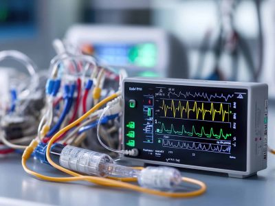 close up of medical ECG device displaying heart rate and vital signs, surrounded by cables and sensors, showcasing advanced healthcare technology.