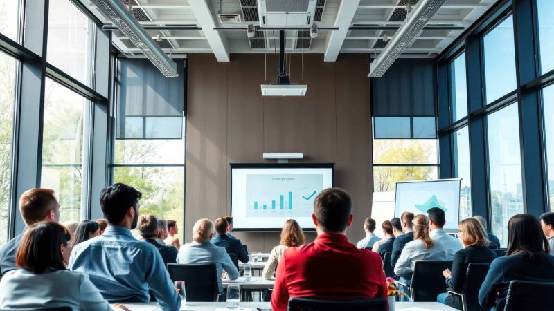 Group of business people attend corporate training session in modern conference room. Attendees listen to speaker presenting data on projector screen. Natural light streams through, large windows. Pro