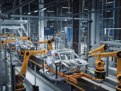 Car Factory 3D Concept: Automated Robot Arm Assembly Line Manufacturing High-Tech Green Energy Electric Vehicles. Construction, Building, Welding Industrial Production Conveyor. Elevated Wide Shot