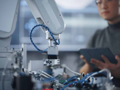 Student Holding Tablet and Controlling Robot Hand Moving at Different Ways At University Class. Asian Man Developing Software Production for Robotics Facility. Computer Science Concept. Close Up View