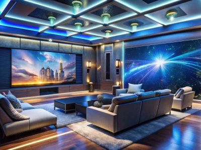 Modern luxury entertainment room with futuristic AI-driven multimedia system, 3D audio, and massive video projections for immersive cinematic delight.