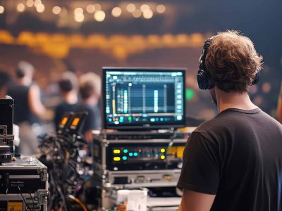 Backstage area with crew working, equipment scattered, candid shot, Live production, pre-show hustle